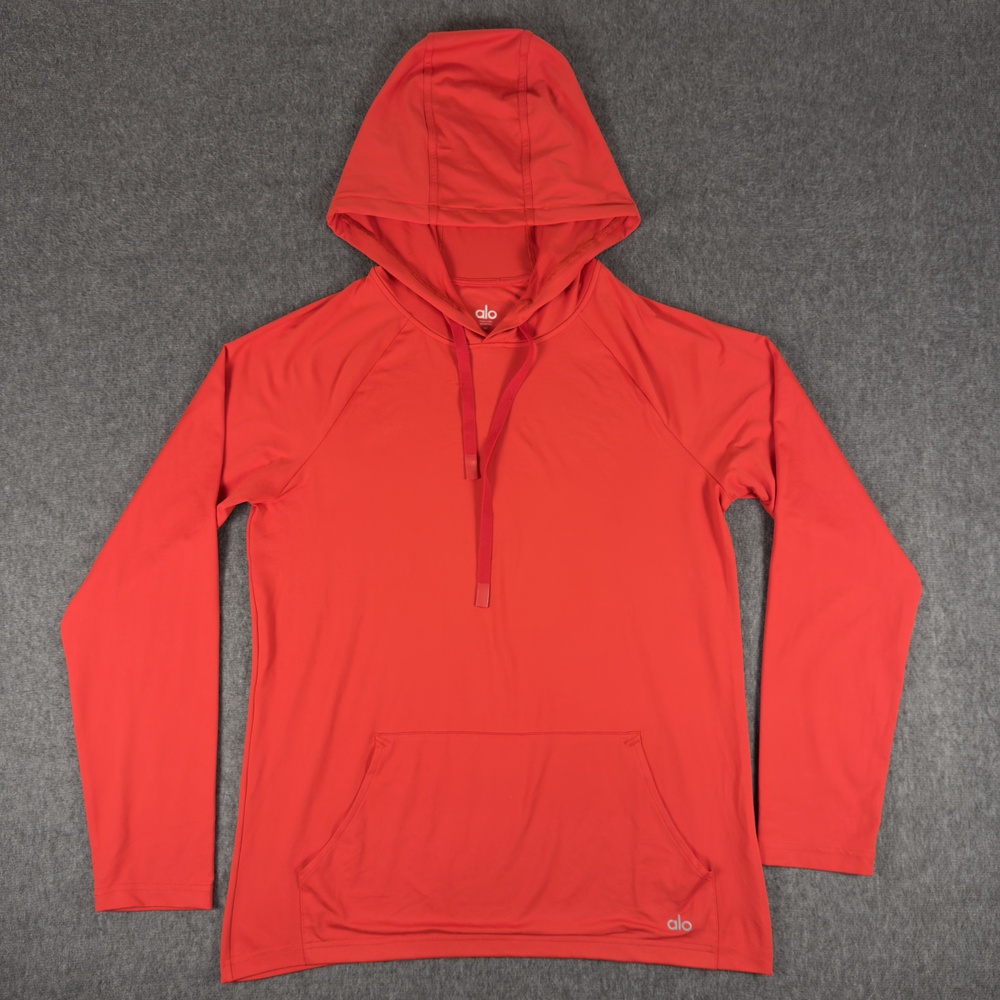 Alo Conquer Hoodie Mens Medium Red Lightweight Jersey Pullover Kangaroo Pocket